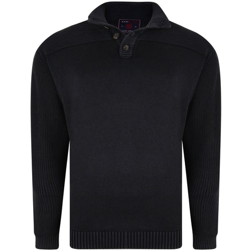 KAM 1/4 Button Heavy Knit Jumper Black